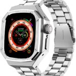 هيكل فاخر من الالومنيوم مع سوار من الستانلس ستيل متوافق مع ساعة ابل الترا تيتانيوم 49 ملم، غطاء حماية عسكري متين، حماية كاملة تكتيكية شديدة التحمل للرجال اي ووتش 49 ملم, بدون أحجار