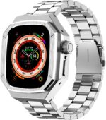 هيكل فاخر من الالومنيوم مع سوار من الستانلس ستيل متوافق مع ساعة ابل الترا تيتانيوم 49 ملم، غطاء حماية عسكري متين، حماية كاملة تكتيكية شديدة التحمل للرجال اي ووتش 49 ملم, بدون أحجار