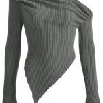 تي شيرت نسائي غير متماثل مضلع منسوج باكمام طويلة مكشكشة وقصة ضيقة من جورجليتر