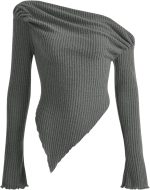 تي شيرت نسائي غير متماثل مضلع منسوج باكمام طويلة مكشكشة وقصة ضيقة من جورجليتر