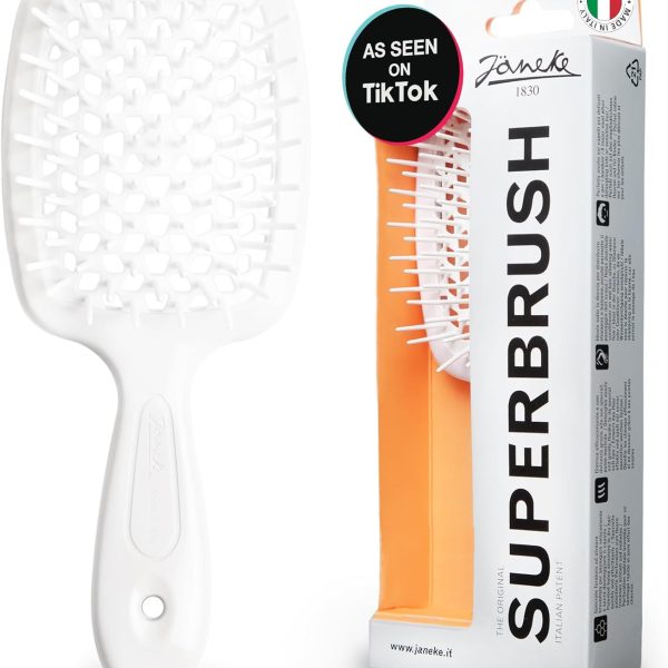 فرشاة سوبر براش لفك تشابك الشعر من جانيكي بشعيرات مضادة للكهرباء الساكنة - فرشاة شعر رطبة بفتحات تهوية للاستخدام في التجفيف - مثالية لأنواع الشعر المجعد والسميك والمموج والناعم (ابيض)