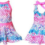 زي سباحة للبنات من يو او كيو او، زي سباحة بتصميم حورية البحر مع تنورة وشورت، بدلة سباحة للاطفال من عمر 2-12 سنة