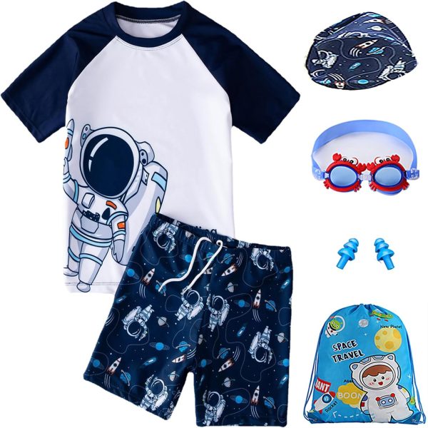 مون مين بدلة سباحة واقية من الطفح الجلدي مع قبعة سباحة ونظارات وشنطة تخزين ومشابك انف وسدادة اذن 7 في 1، ملابس سباحة للاطفال من قطعتين