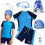 طقم ملابس سباحة 7 في 1 للاولاد من اوربازار، بدلة سباحة واقية من الشمس بعامل حماية من الاشعة فوق البنفسجية 50+، ملابس سباحة سريعة الجفاف مع شورت ونظارات HD وشنطة ظهر وقبعة وسدادات اذن ومشبك انف، للشاطئ