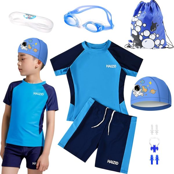 طقم ملابس سباحة 7 في 1 للاولاد من اوربازار، بدلة سباحة واقية من الشمس بعامل حماية من الاشعة فوق البنفسجية 50+، ملابس سباحة سريعة الجفاف مع شورت ونظارات HD وشنطة ظهر وقبعة وسدادات اذن ومشبك انف، للشاطئ