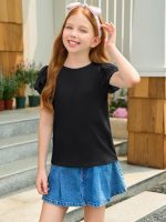 ⁦تيشيرتات صيفية باكمام مكشكشة للبنات باكمام قصيرة كاجوال لطيفة برقبة دائرية ضيقة مناسبة لعمر 5-14 سنة⁩ - الصورة ⁦2⁩