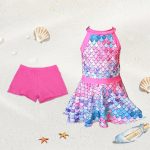 ⁦زي سباحة للبنات من يو او كيو او، زي سباحة بتصميم حورية البحر مع تنورة وشورت، بدلة سباحة للاطفال من عمر 2-12 سنة⁩ - الصورة ⁦5⁩