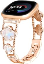 اساور بلينج من ازوني متوافقة مع ساعة فيتبيت فيرسا 3/4/سينس اند سينس 2 الذكية، سوار ساعة من الستانلس ستيل بتصميم فراشة مرصع باحجار الراين، سوار معدني لطيف للنساء