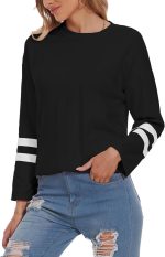 ⁦تي شيرت نسائي كبير الحجم برقبة دائرية ضيقة واكمام طويلة 2024 مريح من القطن المريح باللون الاسود مقاس M⁩ - الصورة ⁦3⁩