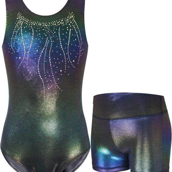 ثوب جمباز للبنات من نوكيسينا، بدلة رياضية لامعة مع شورت، ملابس رياضية بدون اكمام للرقص