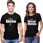 تي شيرتات للازواج من هانج اوت هاب Hangout-Hub024$P للازواج | تيشيرت مطبوع عليه The Boss The Real Boss | تي شيرت بقبة دائرية للرجال والنساء (عبوة من قطعتين، قطن، نصف كم)