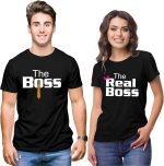تي شيرتات للازواج من هانج اوت هاب Hangout-Hub024$P للازواج | تيشيرت مطبوع عليه The Boss The Real Boss | تي شيرت بقبة دائرية للرجال والنساء (عبوة من قطعتين، قطن، نصف كم)