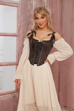 ⁦بلوزة كورسيه بتصميم زهور للنساء من عصر النهضة للخروج، لون بني فينتاج بوش اب فوق الصدر، مشد للجسم برباط⁩ - الصورة ⁦3⁩