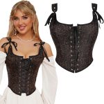 بلوزة كورسيه بتصميم زهور للنساء من عصر النهضة للخروج، لون بني فينتاج بوش اب فوق الصدر، مشد للجسم برباط