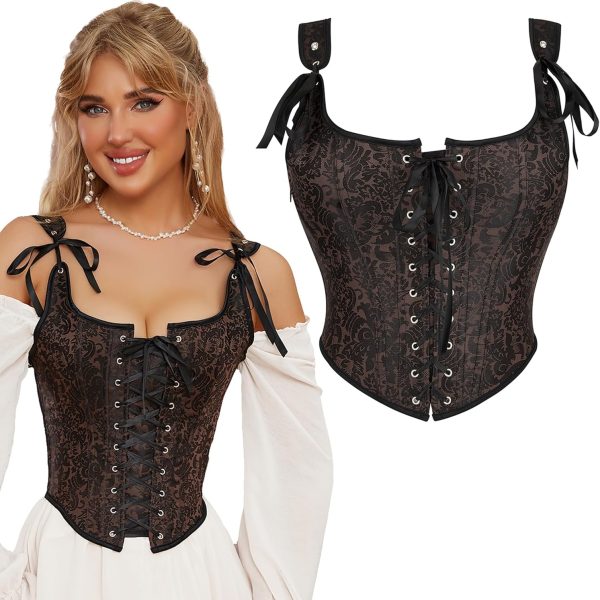 بلوزة كورسيه بتصميم زهور للنساء من عصر النهضة للخروج، لون بني فينتاج بوش اب فوق الصدر، مشد للجسم برباط