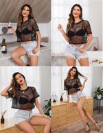 ⁦Avidlove Women's Sheer Fishnet Top Sexy Short Sleeves Net T Shirts Crop Top⁩ - الصورة ⁦4⁩