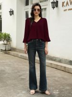 ⁦فانلينغو بلوزة نسائية بأكمام بطول 3/4، بلوزة أنيقة كاجوال بقبة V من الشيفون، قمصان عمل عصرية بكسرات⁩ - الصورة ⁦5⁩