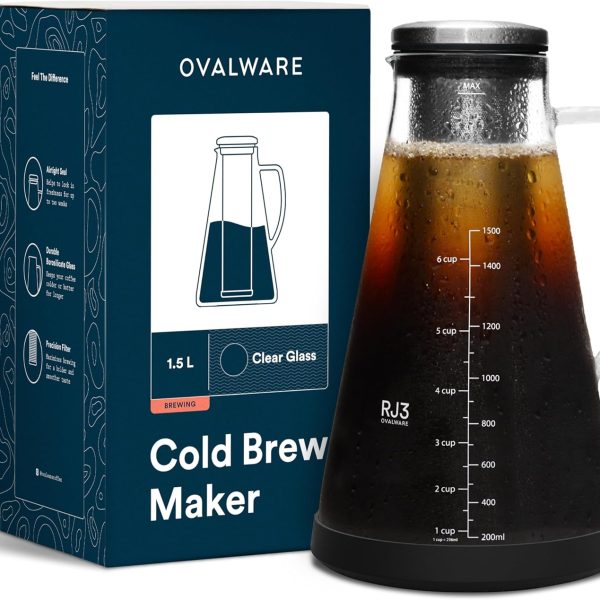 اوفالوير ماكينة تحضير القهوة المثلجة الباردة محكمة الغلق (وصانعة الشاي المثلج) مع فوهة - 1.5 لتر/ 50 اونصة ار جيه 3 ابريق زجاجي للتخمير مع فلتر ستانلس ستيل قابل للازالة