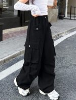 ⁦سيور بنطلون كارجو للبنات بخصر مرن مع جيوب متعددة من القطن، ملابس الشارع الشارع، ملابس كاجوال للعب المدرسي⁩ - الصورة ⁦3⁩