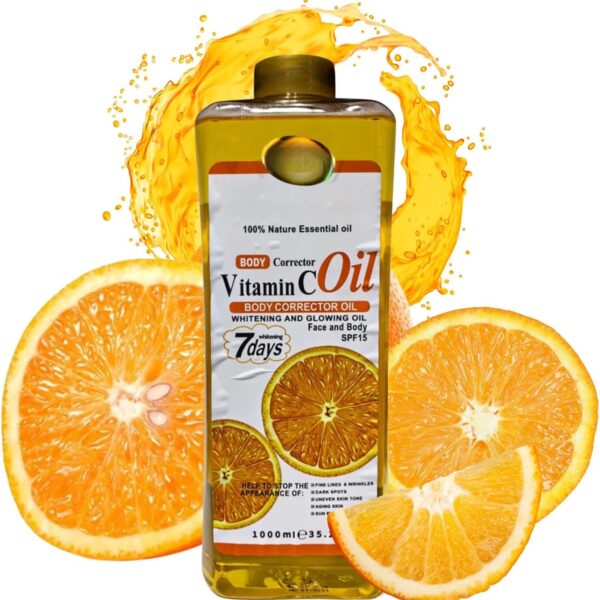زيت فيتامين سي لتفتيح الوجه والجسم 1000 مل، زيت تبييض فائق لزيت الجسم المتوهج، يزيل الخطوط الدقيقة والتجاعيد والبقع الداكنة وحروق الشمس، مرطب للبشرة يغذي في 7 ايام للعناية بالبشرة