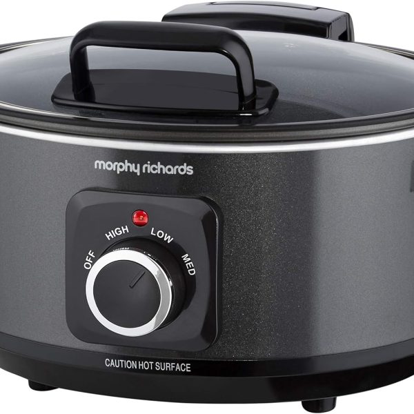 مورفي ريتشارد قدر طهي بطيء سعة 6.5 لتر مع غطاء مفصلي قابل للفصل، وعاء الومنيوم مقاوم للكسر، 3 اعدادات للحرارة، مقاوم للموقد، سهل التنظيف، 163 واط، اسود، 461020