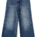 بنطلون جينز بقصة ضيقة وارجل واسعة للبنات، بنطلون جينز عصري ممزق