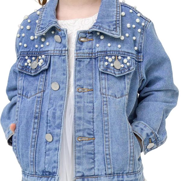 جاكيت جينز للبنات من ميبات مزين بالترتر بازرار وجيب واكمام طويلة معطف جينز للاطفال
