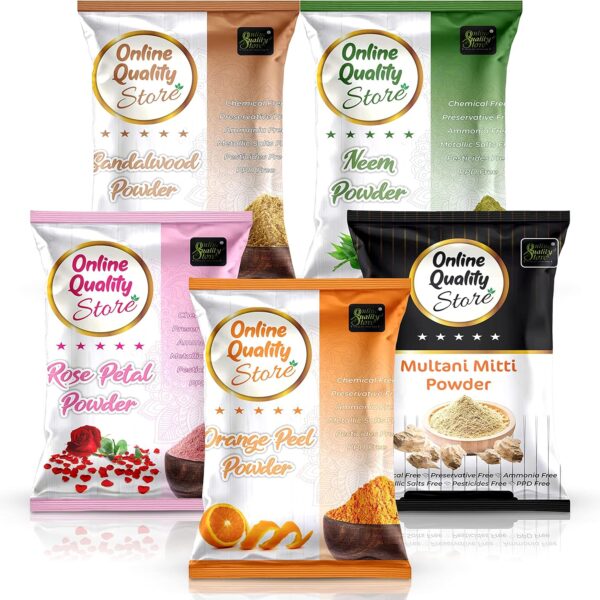 اون لاين كواليتي ستور ميتي ملتاني عضوي نقي 100% (200 غرام) + مسحوق شاندان (50 غرام) + مسحوق قشر البرتقال (50 غرام) + مسحوق النيم (50 غرام) + مسحوق ورد (50 غرام) - اجمالي 400 غرام لترطيب التنظيف