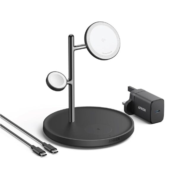 انكر قاعدة شحن لاسلكية 3 في 1، متوافقة مع شاحن ماج سيف، حامل لاسلكي 15 واط معتمد من كيو اي 2، لايفون 17/16، ايربودز برو، ابل ووتش الترا (شاحن USB C وكابل متضمن)