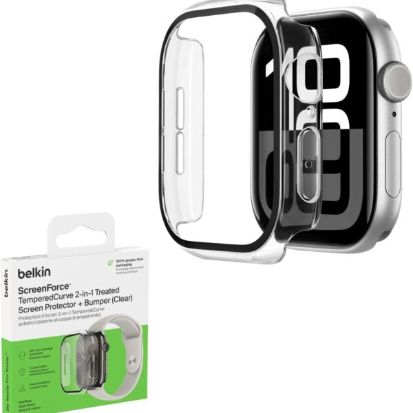 بلكن شاشة حماية 2 في 1 من سكرين فورس تيمبيد كيرف لساعة ابل سلسلة 10 (46 ملم)، حافظة ساعة ابل مع حماية 360 درجة وممتص للصدمات، شاشة حماية من الزجاج المقوى - شفاف