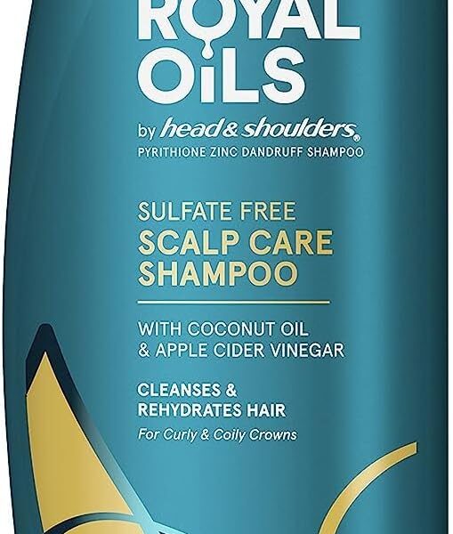 شامبو مرطب رويال اويلز من هيد اند شولدرز، مضاد للقشرة والعلاج للشعر الطبيعي والمجعد والملتف، غني بزيت جوز الهند وخل التفاح، خالٍ من الكبريتات والبارابين والصبغات، سعة 12.8 اونصة سائلة