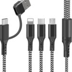 كابل شحن متعدد، كابل USBA/USB C 5 في 1 مع موصلات iP مايكرو USB نوع C، كابل شاحن متعدد سلك شحن سريع للهاتف 16 15 14 13 12 11 سامسونج جالاكسي S20 S10 S9 S8 هواوي أندرويد- 1.2 متر
