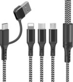 كابل شحن متعدد، كابل USBA/USB C 5 في 1 مع موصلات iP مايكرو USB نوع C، كابل شاحن متعدد سلك شحن سريع للهاتف 16 15 14 13 12 11 سامسونج جالاكسي S20 S10 S9 S8 هواوي أندرويد- 1.2 متر
