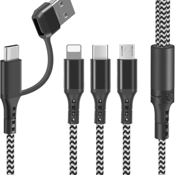 كابل شحن متعدد، كابل USBA/USB C 5 في 1 مع موصلات iP مايكرو USB نوع C، كابل شاحن متعدد سلك شحن سريع للهاتف 16 15 14 13 12 11 سامسونج جالاكسي S20 S10 S9 S8 هواوي أندرويد- 1.2 متر
