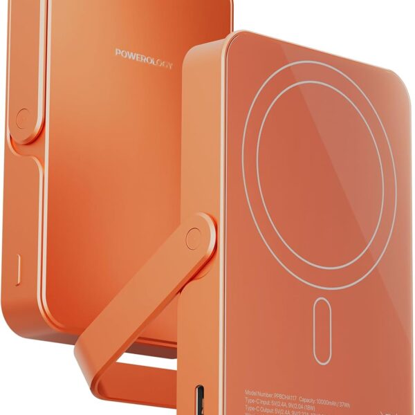 باورولوجي باور بانك مغناطيسي 10000mAh مع حامل، شحن سريع بي دي 20 واط، شاحن لاسلكي 15 واط، متوافق مع ماج سيف، حزمة بطارية محمولة لايفون 17-12 سيريز واندرويد والساعات الذكية وسماعات الاذن