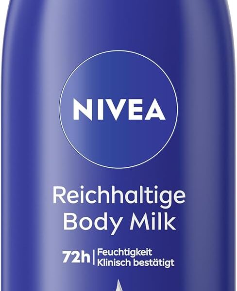 كريم ريتش بودي ميلك ميني من نيفيا، كريم مغذي مكثف للجسم بزيت اللوز والهيالورون، لوشن مع سيروم العناية العميقة لمدة 72 ساعة من الرطوبة (75 مل)