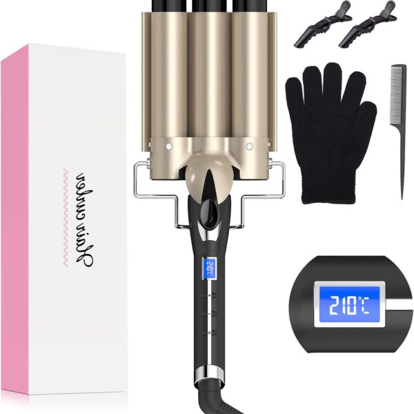 ملقط واج 32 ملم من ايميرفو، ملقط سميك للكرات الطبيعية، 14 اعداد حرارة رقمي 80-210 درجة مئوية، الواح طلاء سيراميك تورمالين، عصا ميزة التسخين السريع 30 ثانية، تأتي مع اداة تجعيد قفازات مقاومة للحرارة