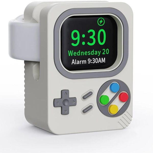 حامل شاحن ساعة ابل للالعاب ريترو (ابيض الباين): يناسب الترا 2/اس اي/سيريز 1-10، سيليكون مضاد للانزلاق ووضع منضدة ليلية عالمي متوافق مع الترا 2/اس اي/سيريز 1-10 مع تخزين للسلك