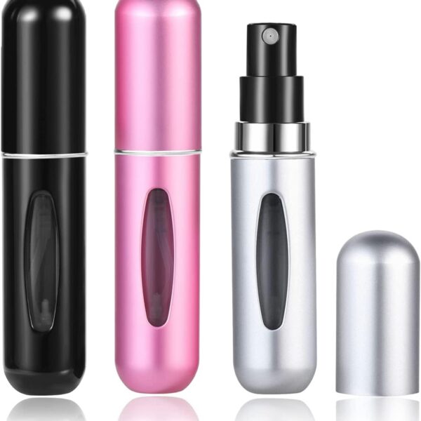 اليكدون زجاجات عطر قابلة لاعادة الملء، زجاجات بخاخ عطر سعة 6 مل، 3 قطع صغيرة محمولة للسفر، زجاجة بخاخ فارغة للمحفظة وشنطة اليد والجيب والامتعة (اسود فضي بينك)