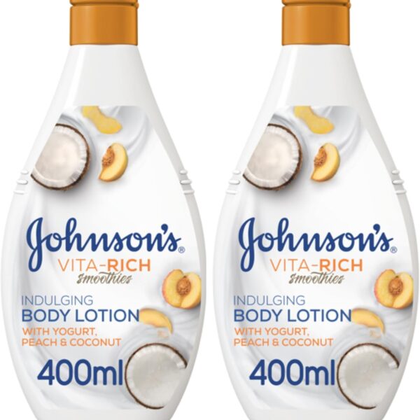 لوشن الجسم من جونسون - فيتا ريتش، سموثيز، غني بالزبادي والخوخ وجوز الهند، يغذي البشرة بعمق، 400 مل (عبوة من قطعتين)