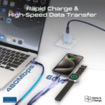 ⁦بروميت كابل شحن متعدد 3 في 1، فائق السرعة 60 واط USB-C إلى USB-C، موصل لايتنينغ 27 واط، وشاحن Apple Watch، نقل بيانات 480 ميجابت في الثانية، نسيج متين مضفر وبطول 1.5 متر، iCharge-Trio أزرق⁩ - الصورة ⁦3⁩