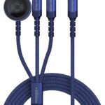 بروميت كابل شحن متعدد 3 في 1، فائق السرعة 60 واط USB-C إلى USB-C، موصل لايتنينغ 27 واط، وشاحن Apple Watch، نقل بيانات 480 ميجابت في الثانية، نسيج متين مضفر وبطول 1.5 متر، iCharge-Trio أزرق