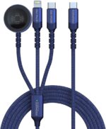 بروميت كابل شحن متعدد 3 في 1، فائق السرعة 60 واط USB-C إلى USB-C، موصل لايتنينغ 27 واط، وشاحن Apple Watch، نقل بيانات 480 ميجابت في الثانية، نسيج متين مضفر وبطول 1.5 متر، iCharge-Trio أزرق