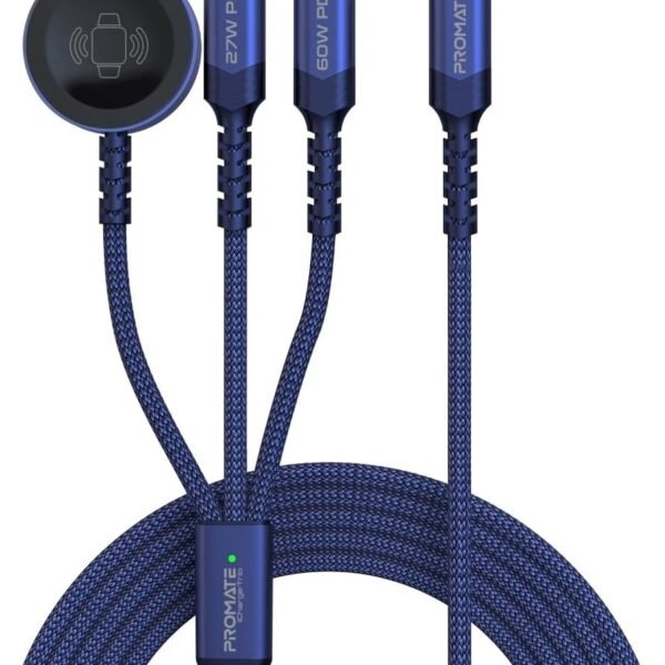 بروميت كابل شحن متعدد 3 في 1، فائق السرعة 60 واط USB-C إلى USB-C، موصل لايتنينغ 27 واط، وشاحن Apple Watch، نقل بيانات 480 ميجابت في الثانية، نسيج متين مضفر وبطول 1.5 متر، iCharge-Trio أزرق