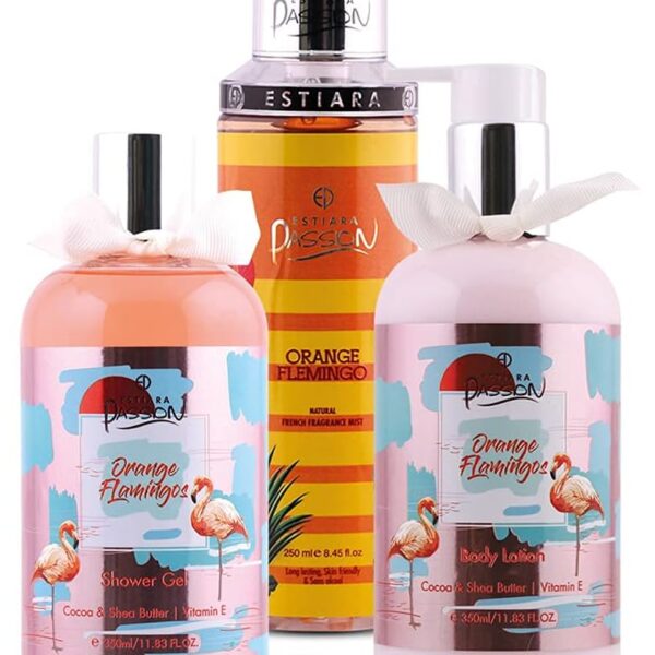 إستيارا باشن مجموعة هدايا للاستحمام والجسم أورانج فلامينغو من 3 قطع للجنسين - لوشن الجسم أورانج فلامينغو 350 مل - جل الاستحمام أورانج فلامينغو 350 مل - بخاخ العطر الفرنسي أورانج فلامينغو 250 مل