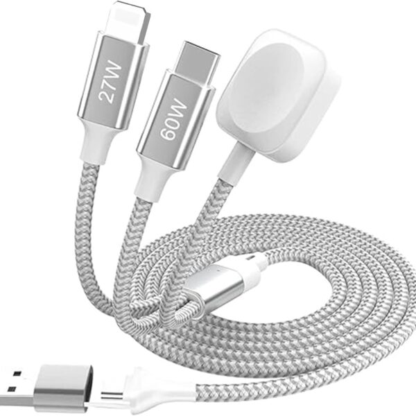 كيبل USB C 3 في 2 لشاحن ساعة ابل/ايفون 16/لايتنينج، سلك كابل شحن متعدد، شاحن لاسلكي مغناطيسي، اساسيات التخييم والعطلات (6 قدم)