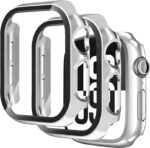 جراب من الزجاج المقوى مناسب لساعة ابل سلسلة 10 42 ملم/46 ملم، واقي شاشة صلب من البولي كربونات، غشاء زجاجي مقوى مدمج عالي الحساسية، عبوة من قطعتين (فضي، ساعة ابل سلسلة 10 42 ملم)