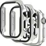 جراب من الزجاج المقوى مناسب لساعة ابل سلسلة 10 42 ملم/46 ملم، واقي شاشة صلب من البولي كربونات، غشاء زجاجي مقوى مدمج عالي الحساسية، عبوة من قطعتين (فضي، ساعة ابل سلسلة 10 42 ملم)