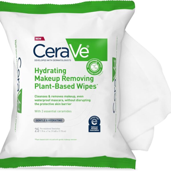 مناديل مبللة مرطبة لازالة المكياج عن الوجه من سيرافي | مناديل وجه على أساس نباتي قابلة للتحلل في السماد المنزلي | مناديل تنظيف الوجه | مناسبة للبشرة الحساسة | خالية من العطور ولا تسبب انسداد المسام |