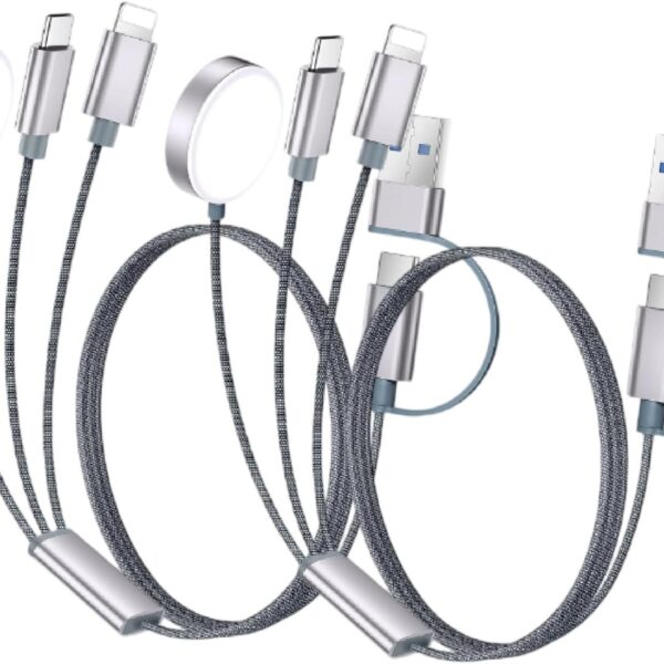 كيبل شحن سريع متعدد لشاحن ساعة ابل، شاحن ايفون، [اساسيات السفر 3 في 2] كيبل USB A/Type C/لايتنينج لساعة اي ووتش الترا/SE/10-2، ايفون 16-11، جالكسي S25-21، ايباد، 1.2 متر